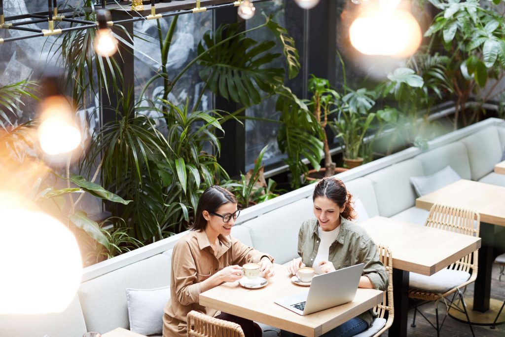 2 ladies at a cafe working on their laptop