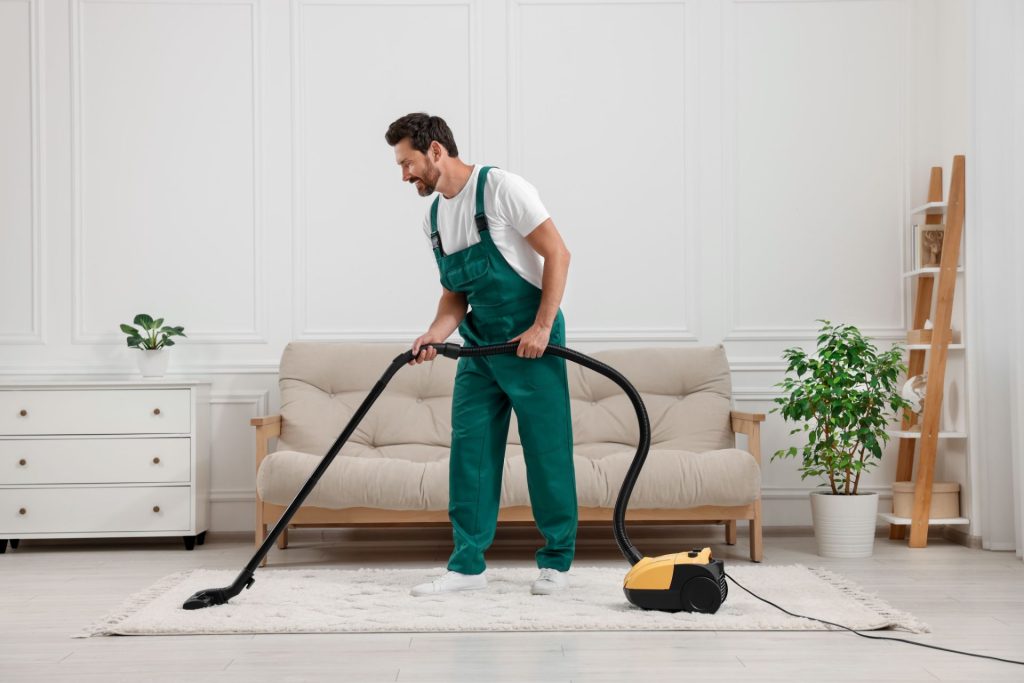 Worker vacuuming the carpet